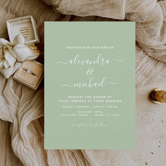 Sage Green Wedding Modern Typography Invitation Kaart