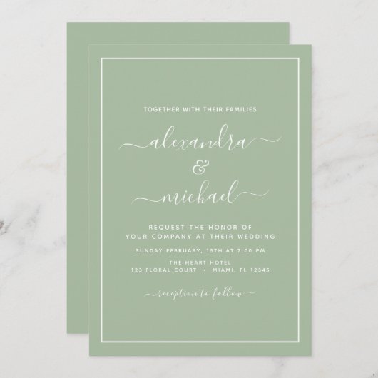 Sage Green Wedding Modern Typography Invitation Kaart (Voorkant / Achterkant)