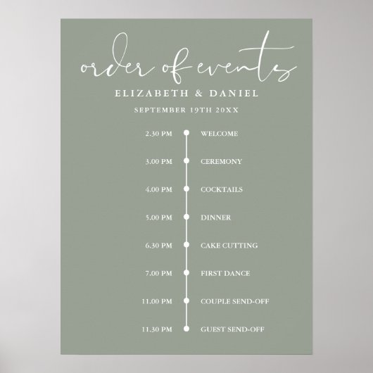 Sage Green Wedding Order Of Events Timeline Sign Poster (Voorkant)