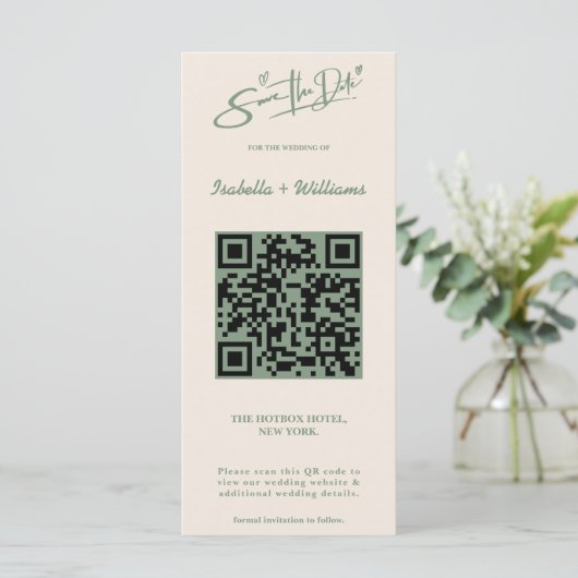 Sage Green Wedding Photo QR Code Bewaar de datum (Staand voorkant)