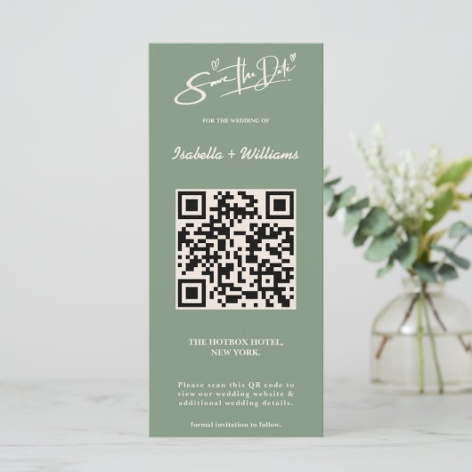 Sage Green Wedding Photo QR Code Bewaar de datum (Staand voorkant)