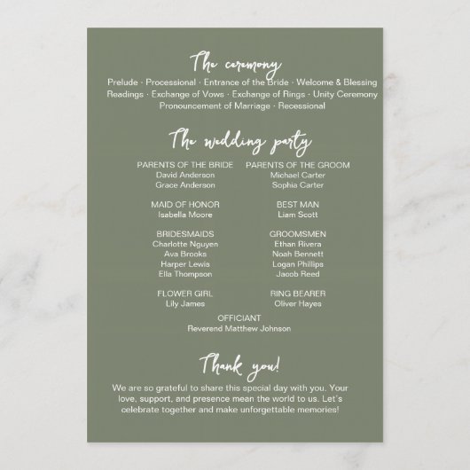 Sage Green Wedding Program Card Editable Template Programmakaart (Achterkant)