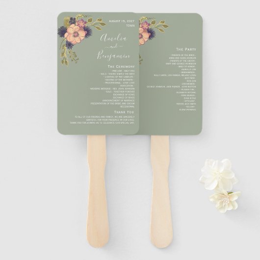 Sage Green Wedding Program Hand Fan Handwaaier (Voorkant en achterkant)