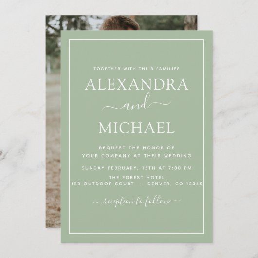 Sage Green Wedding Romantic Fotouitnodiging Kaart (Voorkant / Achterkant)