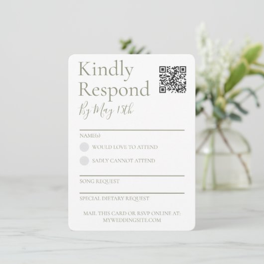 Sage Green Wedding RSVP QR Code Reply Kaart (Staand voorkant)