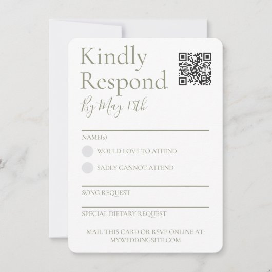 Sage Green Wedding RSVP QR Code Reply Kaart (Voorkant)