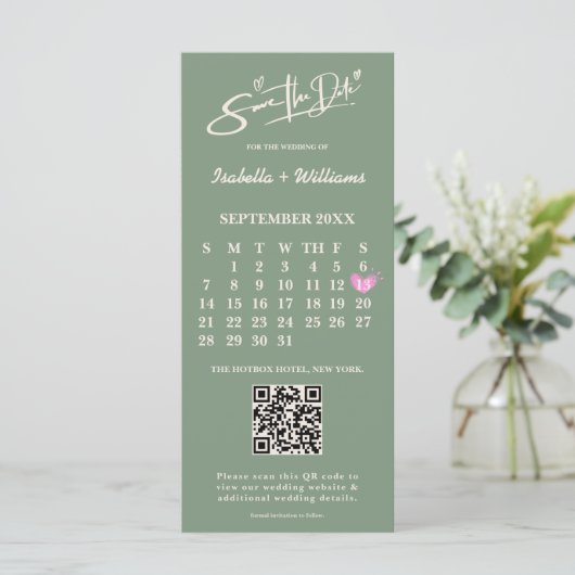 Sage Green Wedding Sla de datum op Kalender QR-cod (Staand voorkant)
