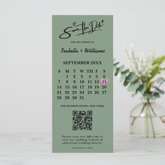 Sage Green Wedding Sla de datum op Kalender QR-cod (Staand voorkant)