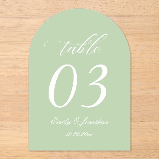 Sage Green Wedding Table Number Acrylic Acryl Uitnodigingen (Voorkant)