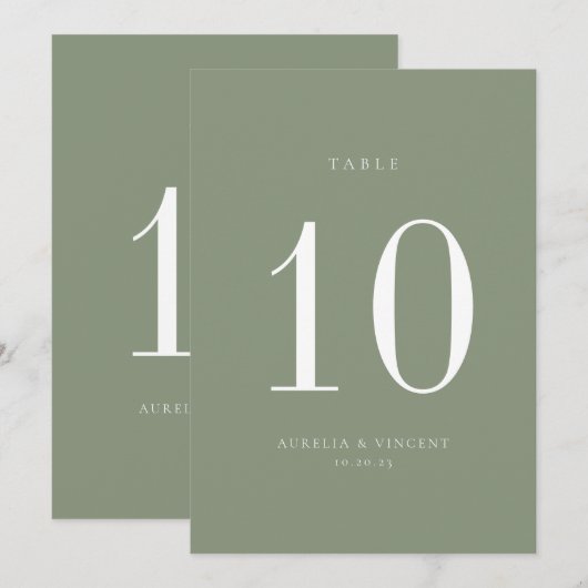 Sage Green Wedding Table Number Kaart (Voorkant / Achterkant)