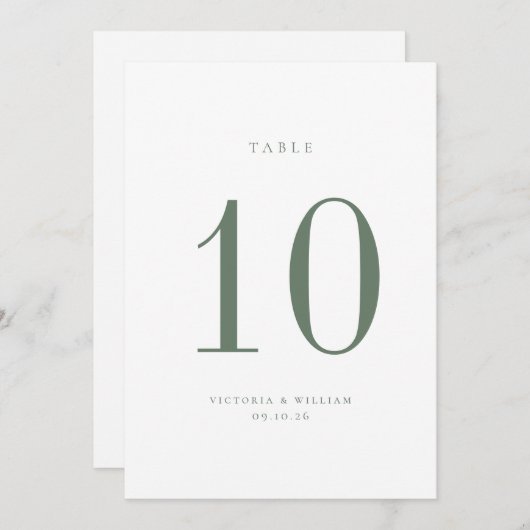 Sage Green Wedding Table Number Kaart (Voorkant / Achterkant)