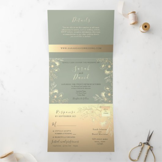 Sage Green Wedding Tri-Fold Uitnodiging (Binnen)