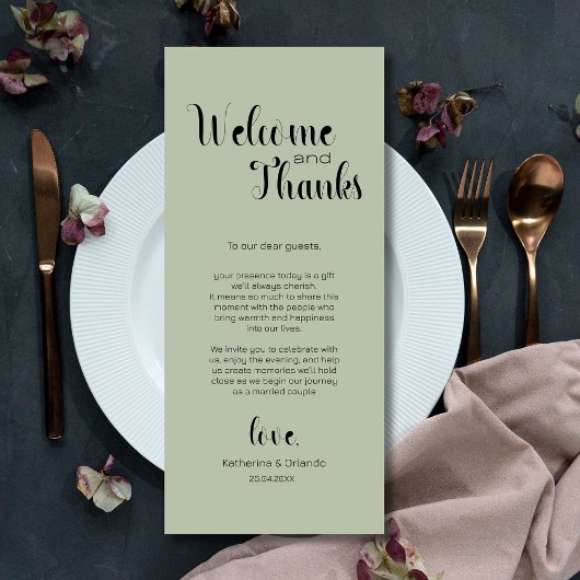 Sage Green Welcome & Thanks Place Setting Cards Programmakaart