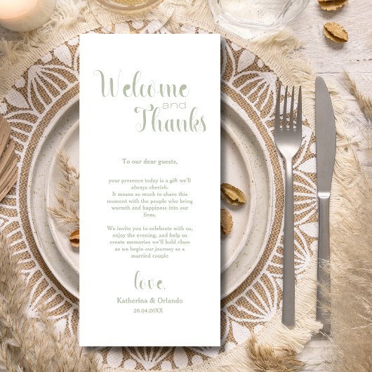 Sage Green Welcome & Thanks Place Setting Cards Programmakaart