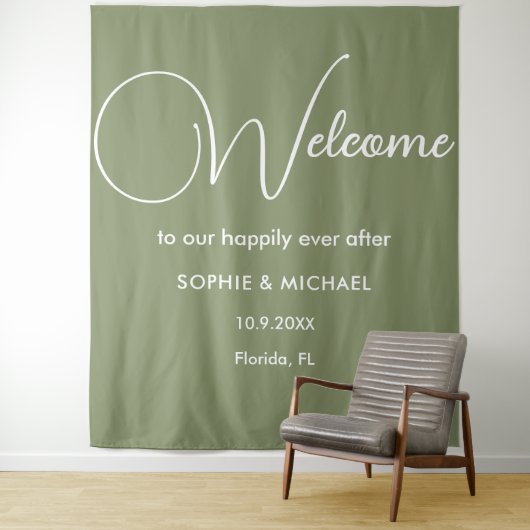 Sage Green Welcome Weddenschap Foto Prop Backdrop Wandkleed (In situ)