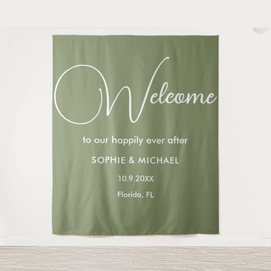 Sage Green Welcome Weddenschap Foto Prop Backdrop Wandkleed (Voorkant)