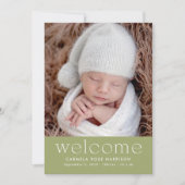 Sage Green Welkom Baby Foto Geboorte Aankondiging (Voorkant)