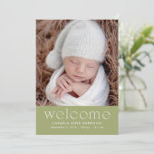 Sage Green Welkom Baby Foto Geboorte Aankondiging (Staand voorkant)