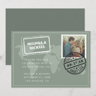 Sage Green Wereldkaart Destination Wedding Foto Bedankkaart