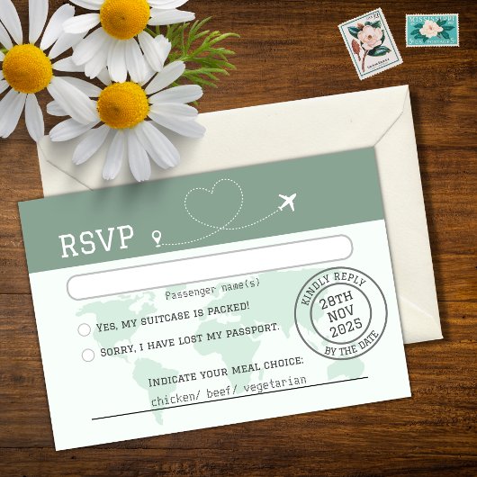 Sage Green Wereldkaart Destination Wedding RSVP Kaartje