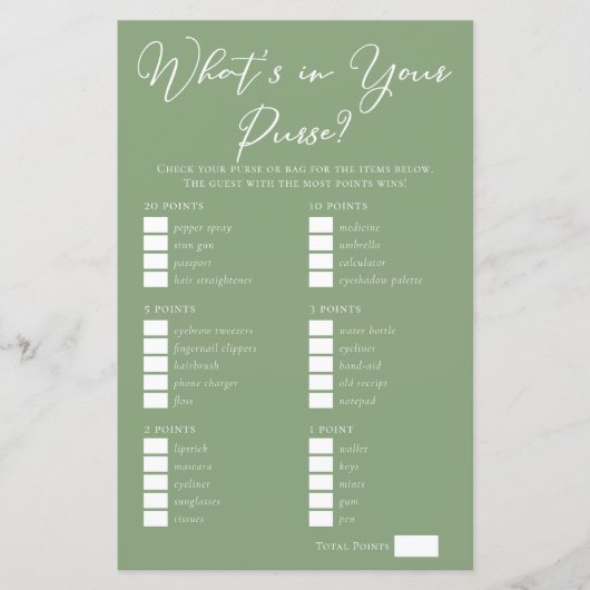 Sage Green What's in Your Purse Bridal Shower Game (Voorkant)