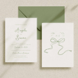 Sage Green Whimsical Bow Cherub bruiloft uitnodigi Kaart