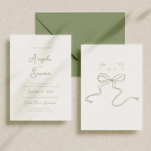 Sage Green Whimsical Bow Cherub bruiloft uitnodigi Kaart