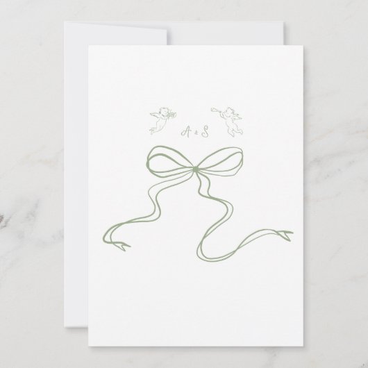 Sage Green Whimsical Bow Cherub bruiloft uitnodigi Kaart (Achterkant)
