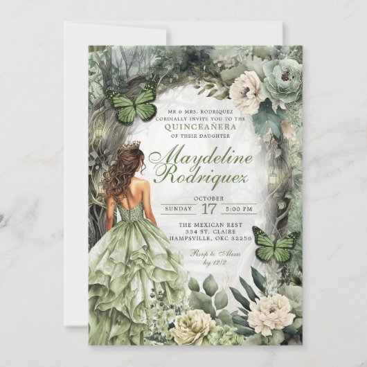 Sage Green Whimsical Forest Quinceanera Kaart (Voorkant)