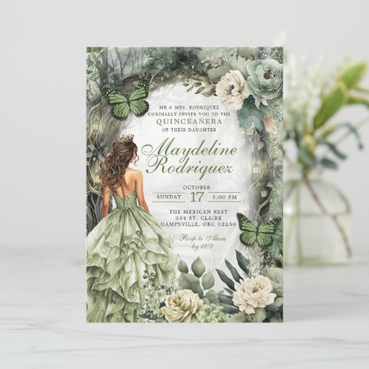 Sage Green Whimsical Forest Quinceanera Kaart (Staand voorkant)
