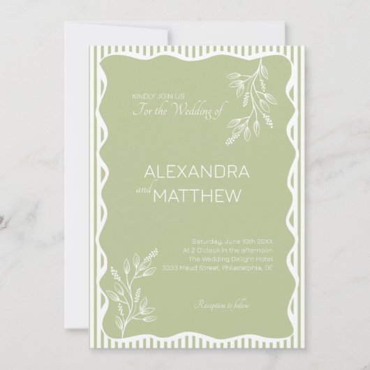 Sage Green Whimsical Wavy Border Wedding Kaart (Voorkant)