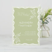 Sage Green Whimsical Wavy Border Wedding Kaart (Staand voorkant)