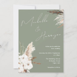 Sage Green White Boho Floral Modern Wedding Kaart