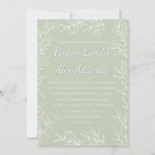 Sage Green White Botanical Line Art Leaves Wedding Kaart (Voorkant)