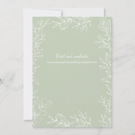 Sage Green White Botanical Line Art Leaves Wedding Kaart (Achterkant)