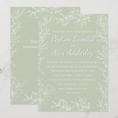 Sage Green White Botanical Line Art Leaves Wedding Kaart (Voorkant / Achterkant)