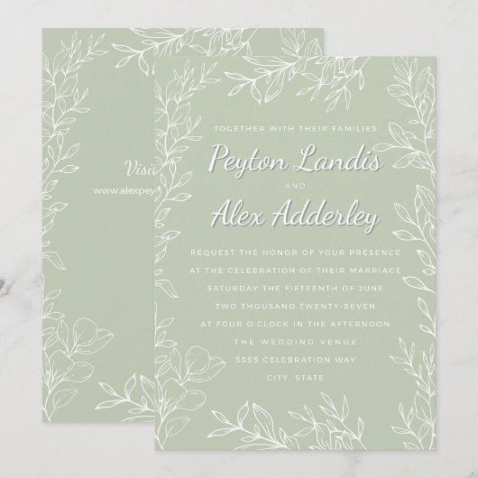 Sage Green White Botanical Line Art Leaves Wedding Kaart (Voorkant / Achterkant)
