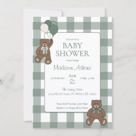 Sage Green White Bows and Teddy Bears Baby Shower Kaart