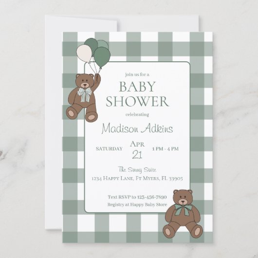 Sage Green White Bows and Teddy Bears Baby Shower Kaart (Voorkant)