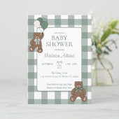 Sage Green White Bows and Teddy Bears Baby Shower Kaart (Staand voorkant)
