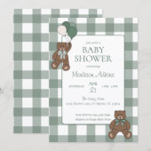 Sage Green White Bows and Teddy Bears Baby Shower Kaart (Voorkant / Achterkant)