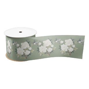 Sage Green White Chinoiserie Porcelain Floral Bird Satijnen Lint