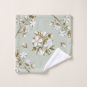 Sage Green & White Cotton Boll Stem Waterverf Bad Handdoek (Wasdoekje)