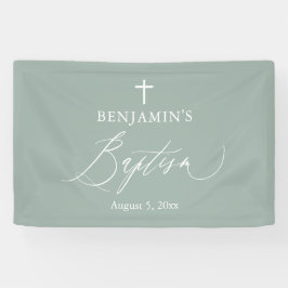 Sage Green White Cross Boy Baptism Backdrop Banner