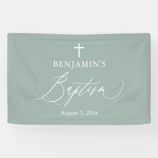 Sage Green White Cross Boy Baptism Backdrop Banner (Horizontaal)
