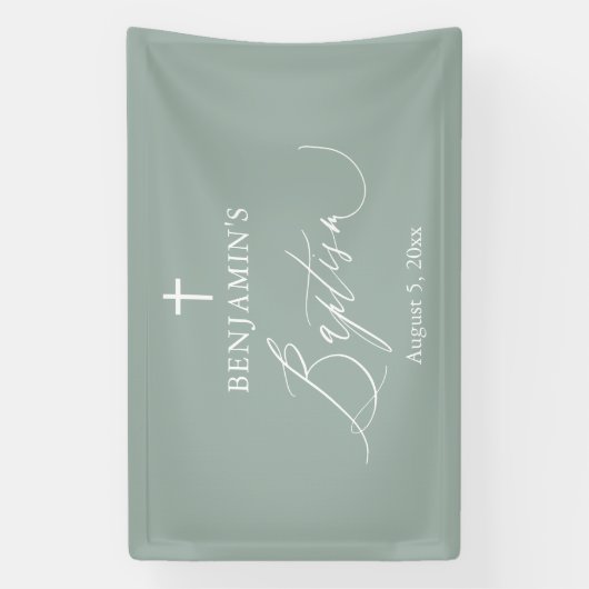 Sage Green White Cross Boy Baptism Backdrop Banner (Verticaal)