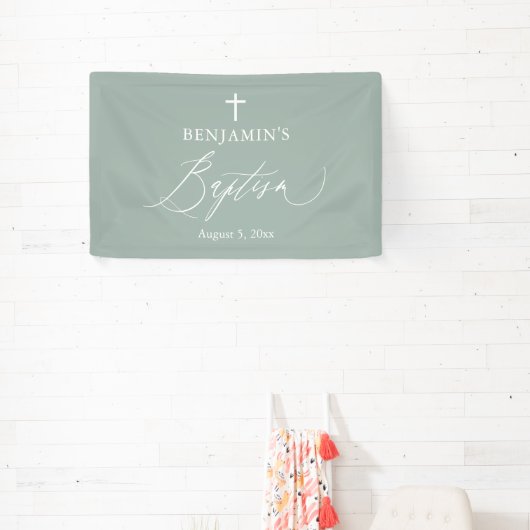 Sage Green White Cross Boy Baptism Backdrop Banner (Insitu)