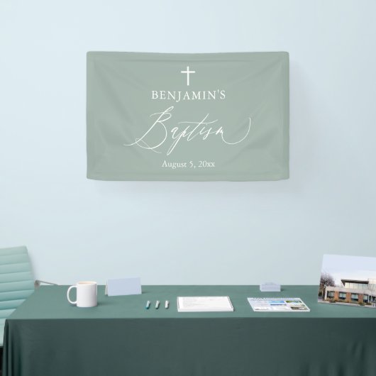 Sage Green White Cross Boy Baptism Backdrop Banner (Beurs)