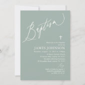 Sage Green White Cross Boy Baptism Invitation Kaart (Voorkant)