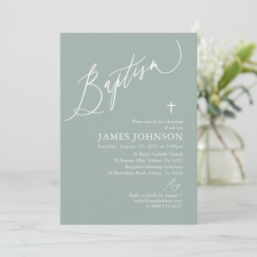 Sage Green White Cross Boy Baptism Invitation Kaart (Staand voorkant)